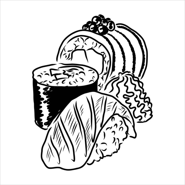 Mão segurando japonês, chinês, sushi asiático, rolo com par de pauzinhos de madeira, ilustração vetorial esboço isolado no fundo branco. Mão humana com pauzinhos e sushi, rolo com salmão
 - Vetor, Imagem