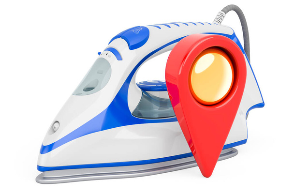 Map pointer with electric steam iron. 3D rendering isolated on white background - Photo, Image