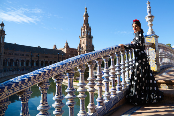 Španělská, krásná, brunetka flamenco tanečnice s typickými flamenco šaty v černé s bílými puntíky polka. Je na náměstí ve Španělsku v Seville. Flamenco koncept kulturního dědictví lidstva. - Fotografie, Obrázek