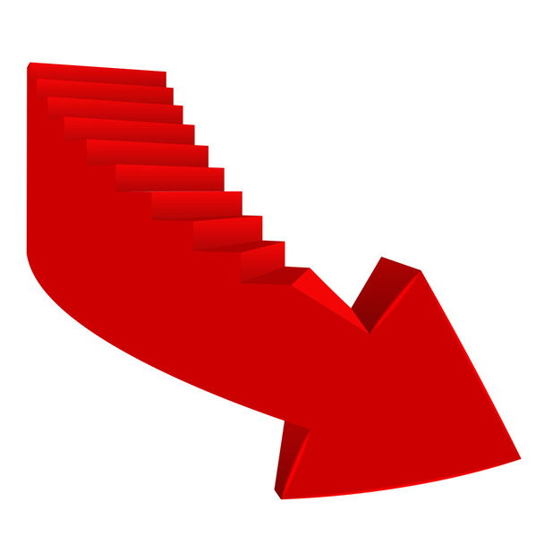 piros hajlított nyíl lefelé irányban a lépcsőn - Vektor, kép