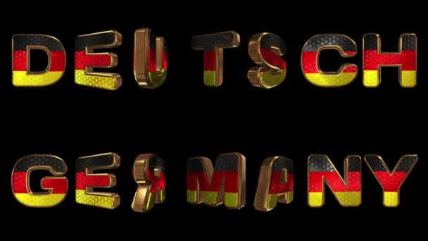 Deutschland - 3D-Beschriftung. Goldene animierte Buchstaben mit einem lebendigen Muster nationaler Embleme. Ländername in Muttersprache und Englisch. Schleife. Alpha-Kanal. - Filmmaterial, Video