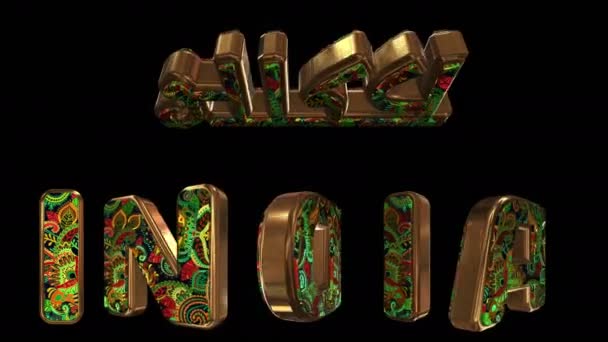 India - 3D inscription. Golden animated letters with live national ornament. Country name in native and English. Loop. Alpha channel. - Footage, Video