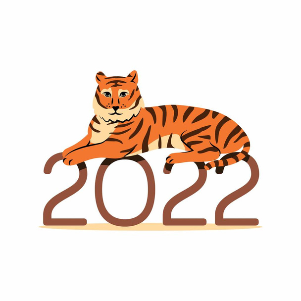 Feliz Año Nuevo 2022, Año del Tigre. Feliz año nuevo con tigre lindo acostado en los números 2022. Imagen vectorial sobre un fondo blanco con el símbolo del nuevo año chino. - Vector, Imagen