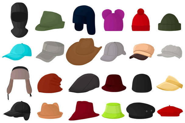 Tema büyük temalı, farklı tipte şapkalar, beyaz arka planda güzel şapkalar. Şapka deseni, kafaya takmak için çeşitli şapkalar toplamaktan oluşuyor. Farklı tasarım şapkalar, hava durumu için şapkalar. - Vektör, Görsel