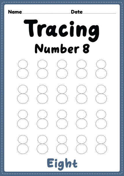 Hoja de trabajo número 8 para niños de kindergarten, preescolar y Montessori para aprender números y actividades de práctica de escritura a mano. - Foto, Imagen