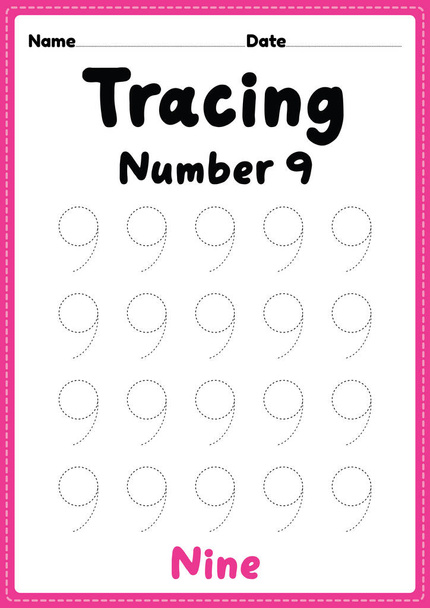 Tracing number 9 worksheet for kindergarten, preschool and Montessori kids for learning numbers and handwriting practice activities. - Photo, Image