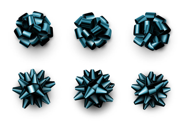 Set of beautiful blue foil isolated bows. Black background. Vector illustration. - Vector, afbeelding
