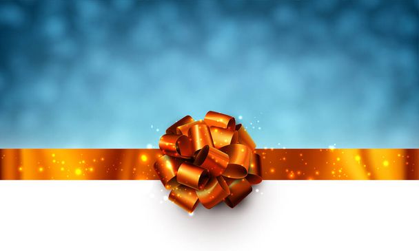 Orange foil ribbon with beautiful bow on blue blurred background. Space for text. Vector illustration. - Vecteur, image