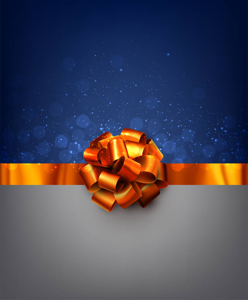 Orange foil ribbon with beautiful bow on dark blue snowing background. Space for text. Vector illustration. - Vecteur, image