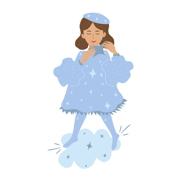 Aranyos kislány egy kék ruhás felhőn. Egy csillagot tart a kezében Varázslólány. Absztrakt trendi téli kép. Rajzfilm lapos vektor illusztráció. Elszigetelt fehér háttér felett - Vektor, kép