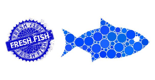 Vector Fish Collage of Small Circles and Grunge Fresh Fish Badge - Вектор,изображение