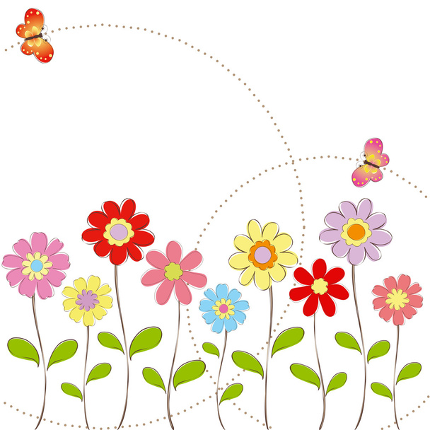 Springtime colorful flowers with butterfly greeting card - Vecteur, image
