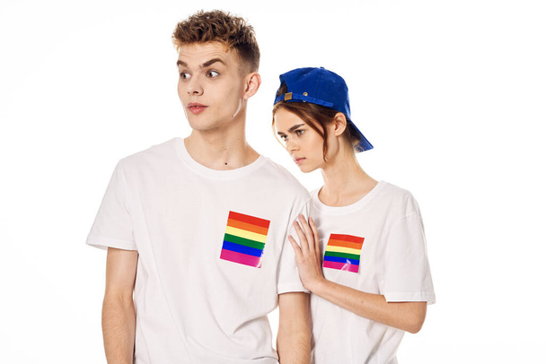 young couple lgbt Flag transgender lifestyle light background - Φωτογραφία, εικόνα