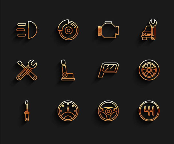 Set line šroubovák, tachometr, dálkové světlo, volant, řadící páka, autosedačka, a zrcadlo ikona. Vektor - Vektor, obrázek