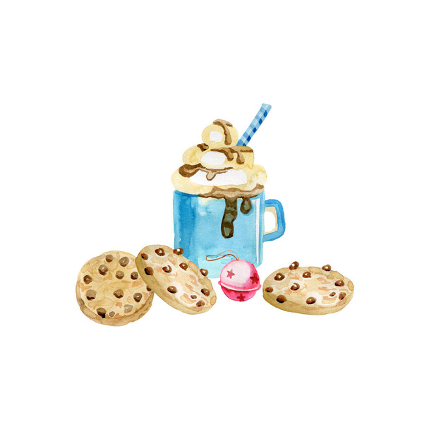 白い背景に手で単離されたマグカップコーヒー甘い飲み物の水彩でココアのチョコレート滴とクッキー - 写真・画像