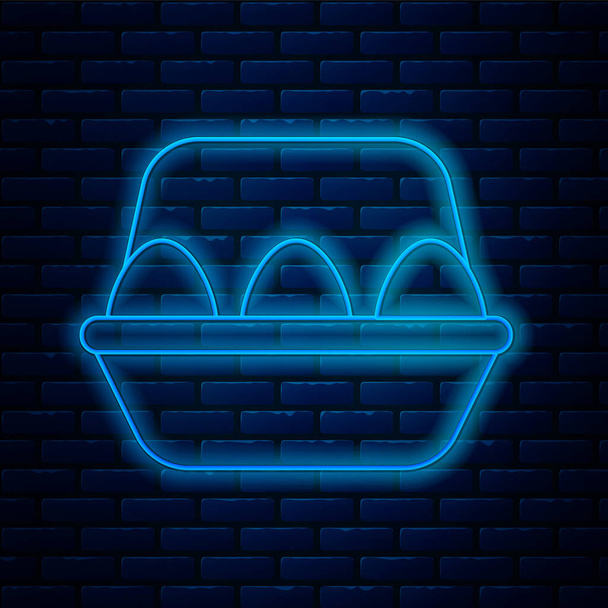Gloeiende neon lijn Kip ei in doos pictogram geïsoleerd op baksteen muur achtergrond. Vector - Vector, afbeelding