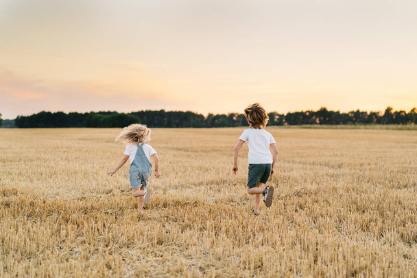 Pessoas felizes e livres, crianças correm através do campo chanfrado de trigo, pessoas por trás - Foto, Imagem