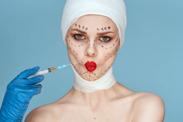 beautiful woman aesthetic facial surgery clinic body care blue background - Foto, Imagen