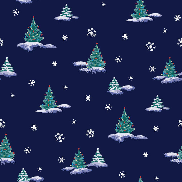 στολισμένα χριστουγεννιάτικα δέντρα σε μια χιονισμένη νύχτα. χωρίς ραφή - Διάνυσμα, εικόνα