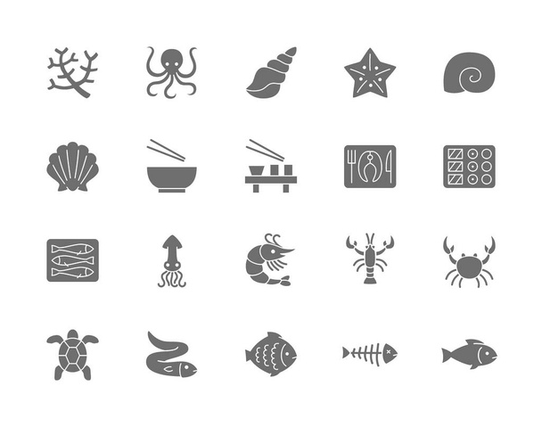Set of Seafood Grey Icons. Fishbone, Fish, Flounder, Eel, Turtle, Crab and more. - Vector, Image