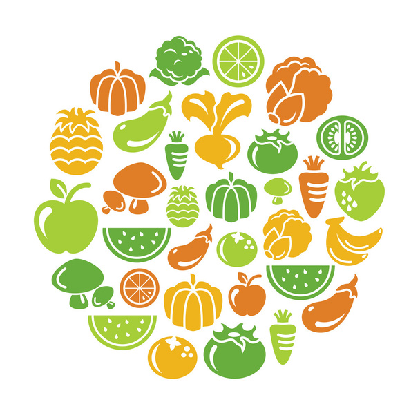 Iconos de frutas y verduras en forma de círculo
 - Vector, Imagen