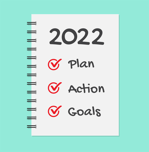 Cuaderno con las palabras metas 2022. plan, Acción. Lista de objetivos de año nuevo 2022. Ilustración vectorial. - Vector, Imagen