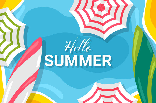 Hello nyári háttér szép strand és színes esernyők - Vektor, kép