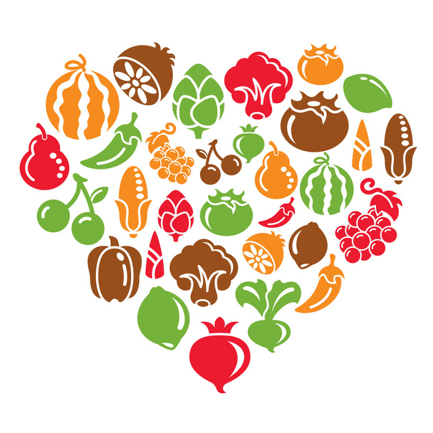 Fruit and Vegetable Icons in Heart Shape - Vector, Imagen
