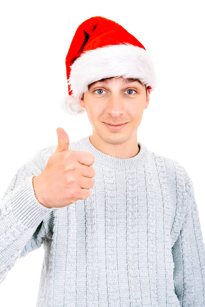 Young Man in Santa Hat with OK Gesture on the White Background - Foto, Imagen