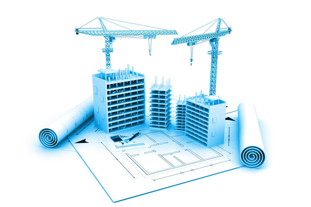 3D строительный блок в строительстве и кран на вершине чертежей
 - Фото, изображение