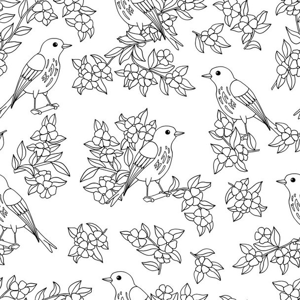 Vector seamless pattern with hand-drawn birds and flowering branches, coloring page for children and adults - Vektor, kép