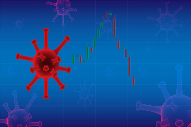 Covid-19 zmenšuje akciový trh a vytváří koncepci globální ekonomiky v krizi. Červený korona virus a stock graf na modrém pozadí. - Vektor, obrázek