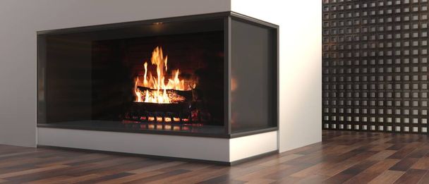 Brennendes Feuer in einem modernen, minimalistischen Haus. Energie-Kamin strahlt Wärme aus, warmes Haus im Winter, Flammen und Brennholz hinter Glas, Holzboden. 3D-Illustration - Foto, Bild