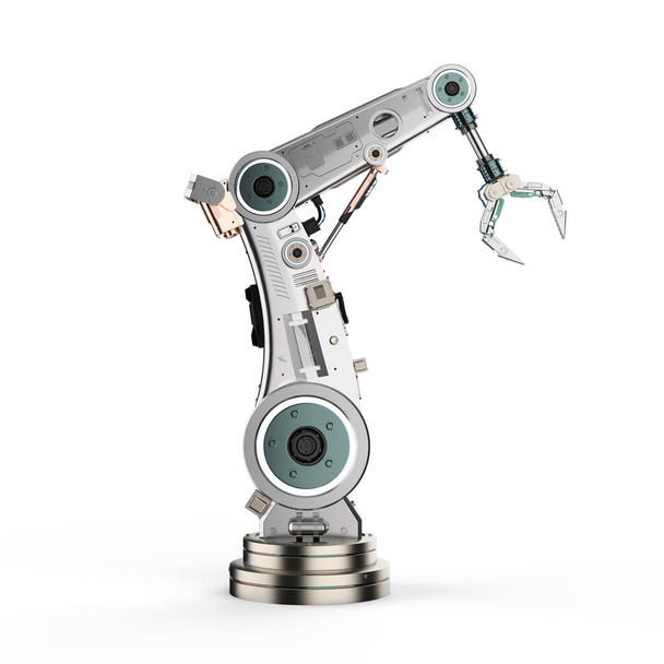 Tecnologia industrial com braço robótico de metal de renderização 3d ou mão robótica isolada em fundo branco - Foto, Imagem