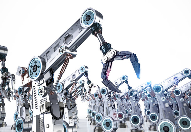 Průmyslová technologie s 3D vykreslovací skupinou kovových robotických ramen nebo montážní linkou robotických rukou v továrně - Fotografie, Obrázek