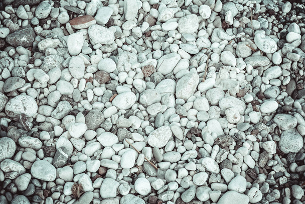 Zeekeien op het strand. Een close-up schot. Kleine en grote ronde gladde stenen. Textuur van het strand kiezelstenen voor een post, screensaver, behang, ansichtkaart, poster, banner, omslag, header voor een website. Hoge kwaliteit foto - Foto, afbeelding