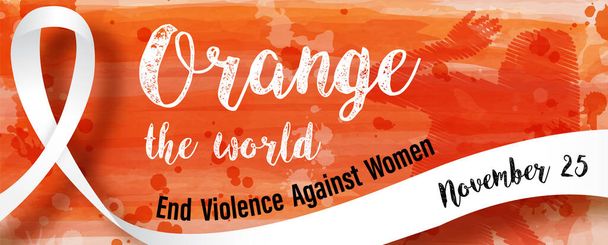 Λευκή κορδέλα με γράμματα "Orange the world" και διατύπωση για την "Παγκόσμια ημέρα για την εξάλειψη της βίας κατά των γυναικών" με σύνθημα και την ημέρα της εκδήλωσης σε αφίσα και διανυσματικό σχεδιασμό. - Διάνυσμα, εικόνα