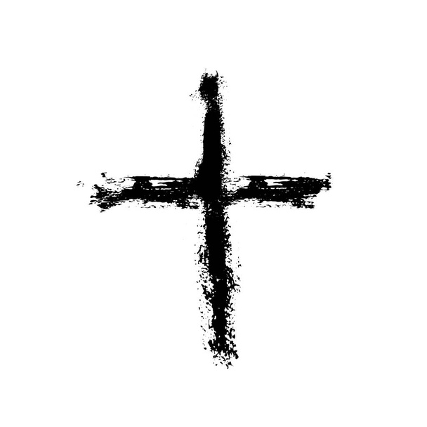 Ręka ciągnione czarny ilustracja krzyż ikona, prosty znak chrześcijańskiej, ręcznie malowane symbol krzyżyka utworzone za pomocą pędzla prawdziwy atrament na białym tle. - Wektor, obraz