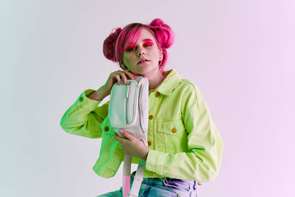 hipster woman with pink hair creative lifestyle fun design - Foto, Imagem