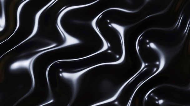 波と黒の金属質感、液体ダークメタルシルク波パターン、 3Dレンダリングイラスト. - 写真・画像