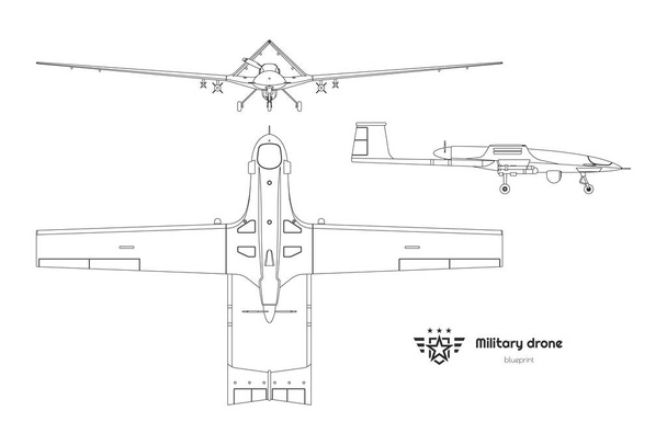 Delineie o topo do drone militar, lado, vista frontal. Avião isolado do exército. Plano moderno de bombardeiros não tripulados - Vetor, Imagem