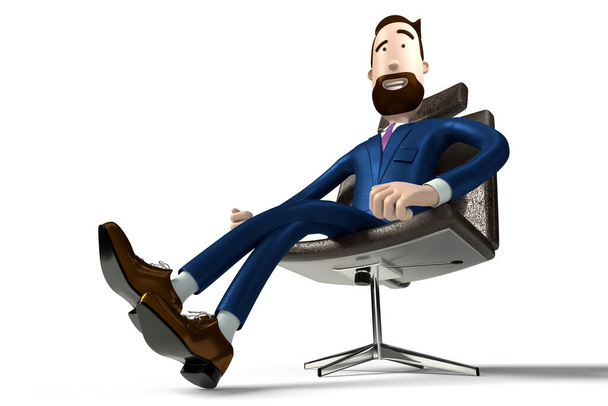 オフィスチェアに座っているハンサムな漫画のビジネスマン- 3Dイラスト - 写真・画像