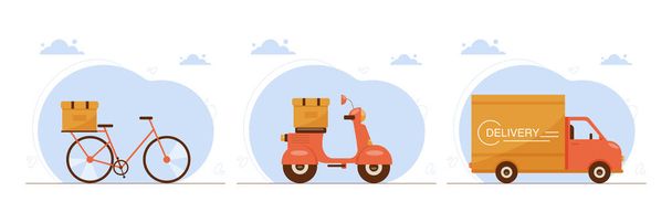 Szállítási szolgáltatás koncepció. Futár készlet kerékpár, robogó és teherautó. Az áru és az élelmiszer expressz szállítása. Vektor illusztráció lapos stílusban. - Vektor, kép