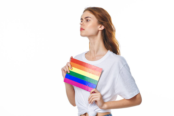 woman wearing white t-shirt lgbt flag inventor community - Photo, Image