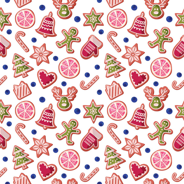Christmas seamless background. Colorful Gingerbread cookies and fruits. Traditional pattern for wrapping paper, banners, pajamas. Raster - Фото, зображення