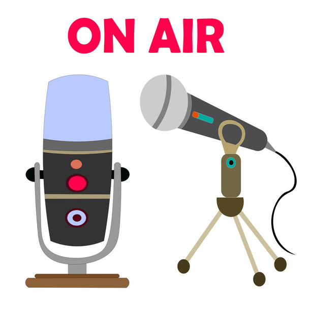 sada dvou studiových mikrofonů pro nahrávání zvuku, podcast, živé vysílání se sloganem ON AIR. Pro ikony, loga, webové stránky, blogger. - Vektor, obrázek