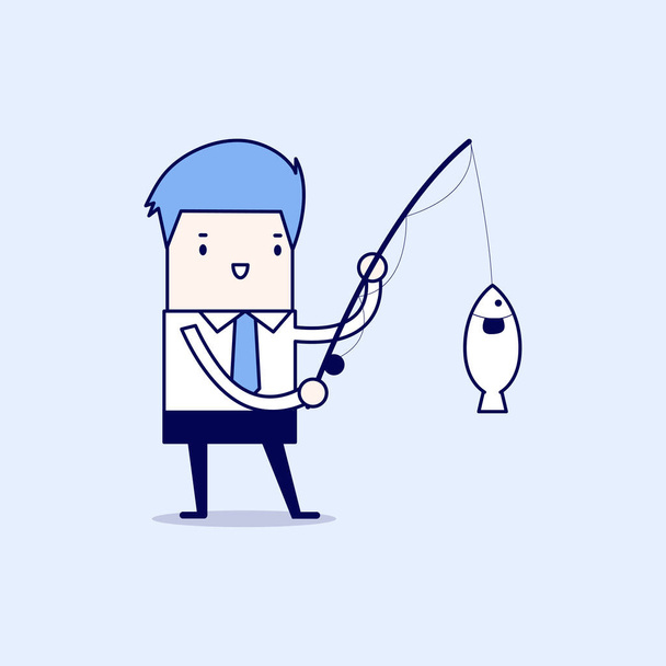 Businessman fishing a big fish. Cartoon character thin line style vector. - Vector, Image