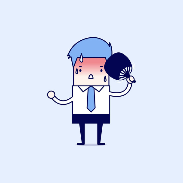 Businessman very hot with folding fan blow. Cartoon character thin line style vector. - Vector, Image