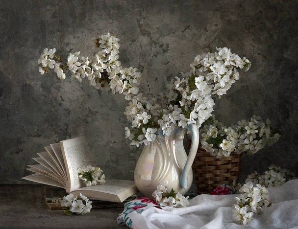 灰色の背景に白い花瓶の桜。春の静物画. - 写真・画像