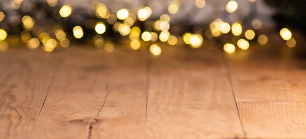 empty wooden table top with blurred light gold bokeh abstract background. For montage product display or design key visual layout - Photo, Image